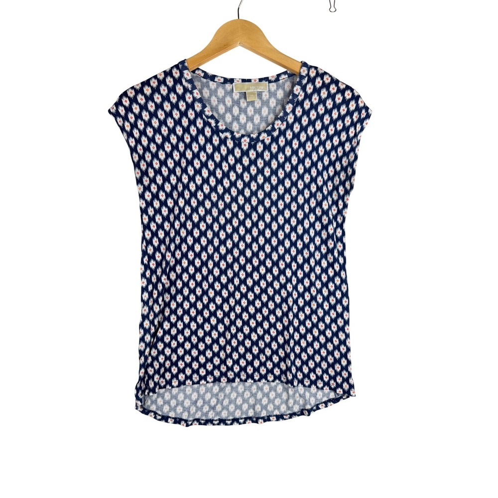 Michael Kors Women's Multi Shore Ikat Print elliptical Hem Top Size XS Blue
